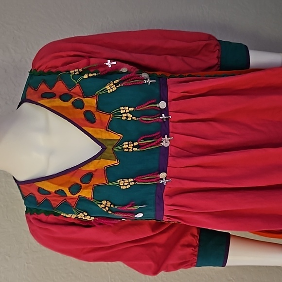 VTG OPUS 1 1970s Mexican Pink Patchwork Horn Beaded Fringe Boho Festival Dress - Picture 4 of 16